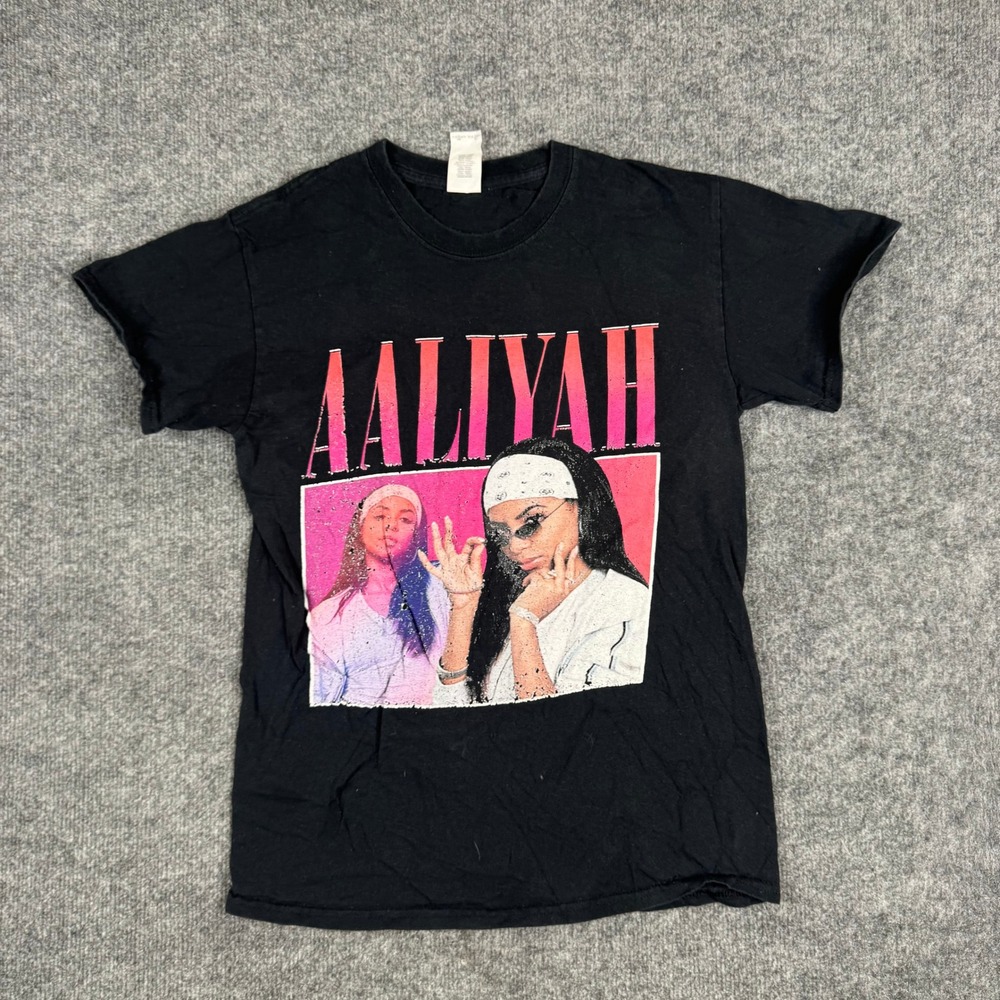 Gildan T-Shirt Mens Size S Black Aaliyah Graphic Print Cotton R&B Streetwear Tee